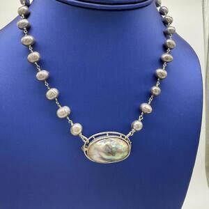 Pearl Necklace Vintage Abalone Shell Pendant – Handmade Sterling Silver Jewelry